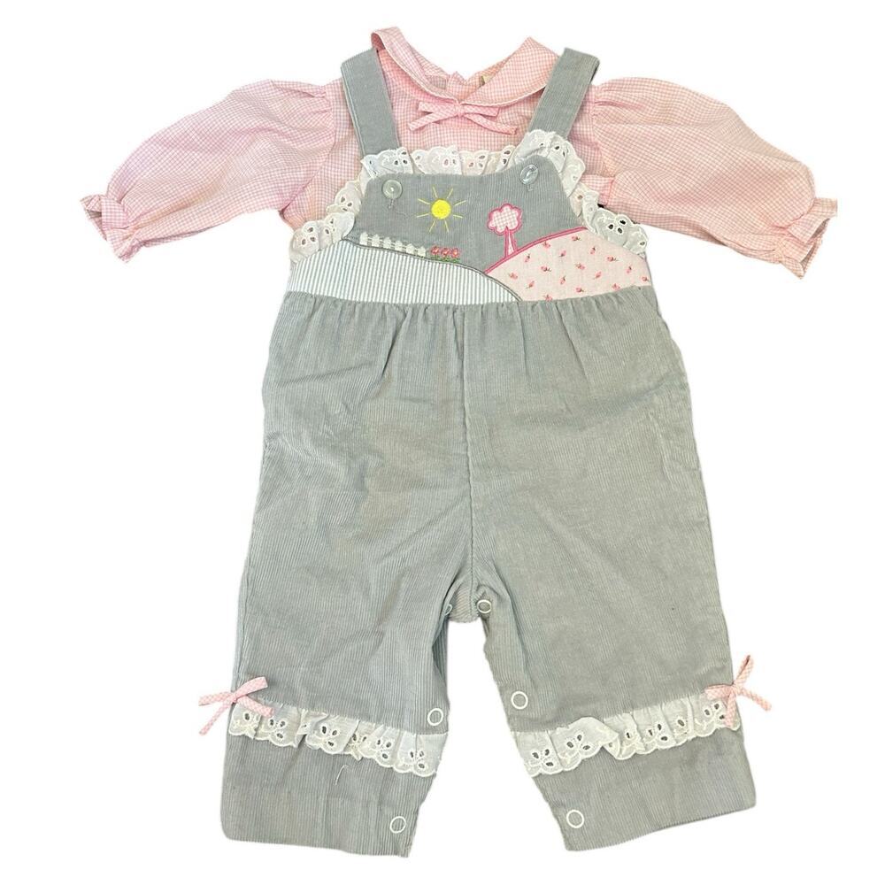 VTG 80's Grey Corduroy Lace and Patch Overalls with Pink Button up Blouse 3-6 mo